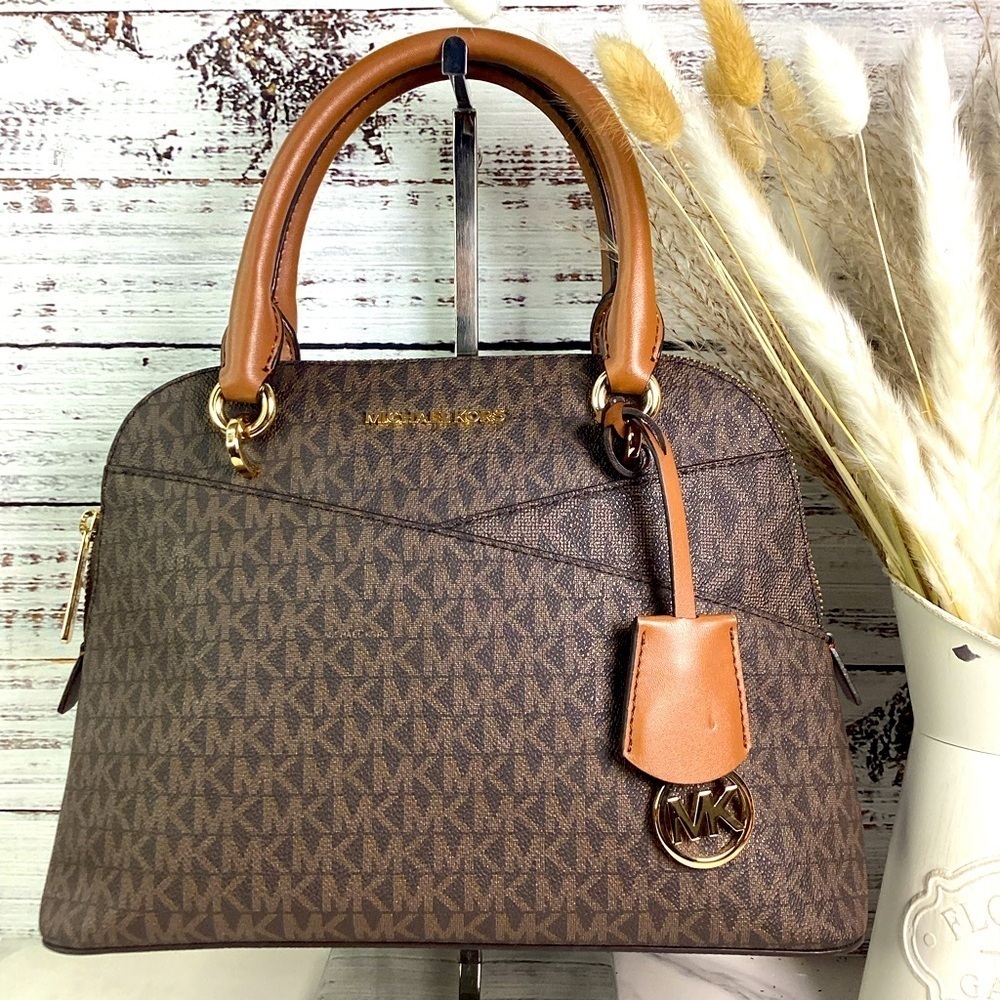 MICHAEL KORS BROWN‎ SIGNATURE BAG JET SET MEDIUM LOGO DOME SATCHEL CANVAS PURSE